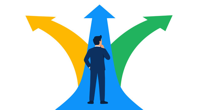 A professional businessman in a dark suit stands at a critical crossroads, contemplating three diverging arrows in yellow, blue, and green that symbolize distinct strategic paths, future career