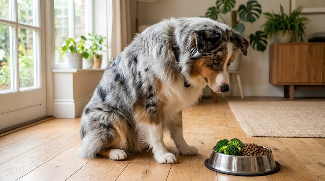 Adorable blue merle Australian Shepherd dog looking skeptically at healthy broccoli mixed with kibble in its food bowl on a light hardwood floor, highlighting pet nutrition, funny animal behavior,