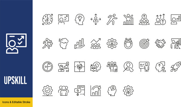 Professional upskill and employee training line icon collection for corporate strategy with training development education business learning knowledge
