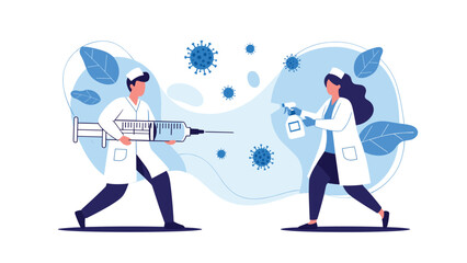 Fototapeta premium Doctors fighting virus molecules with a giant syringe and sanitizer spray bottle to protect public health.