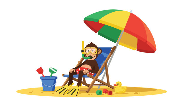 Cute cartoon monkey relaxing on a blue beach deck chair under a colorful parasol with snorkeling gear and toys.
