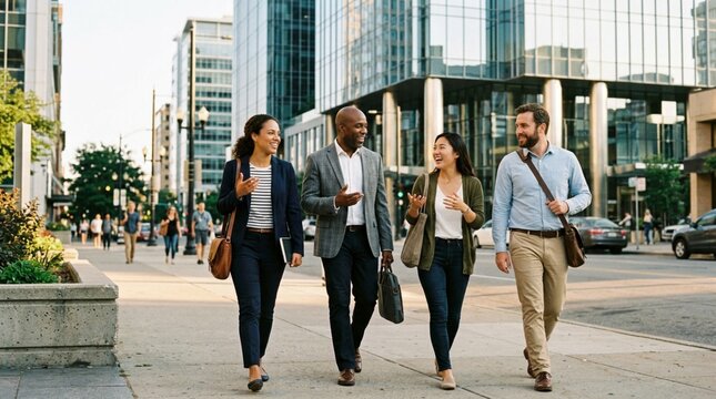 A diverse group of four business professionals walking and talking on a sunny city sidewalk near modern glass office buildings, engaging in lively conversation while commuting to work in a downtown
