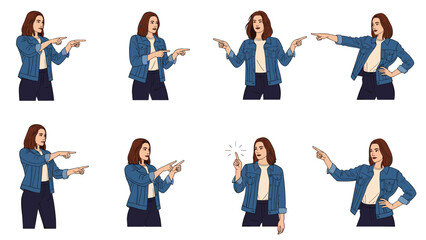 Obraz premium Character set of a young woman in denim jacket and dark trousers showing various pointing gestures on white background.