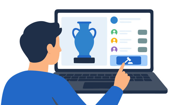 A man using a laptop computer to participate in an online auction for a blue vase, pointing at the bid button with a gavel icon, flat vector illustration of ecommerce and digital shopping.