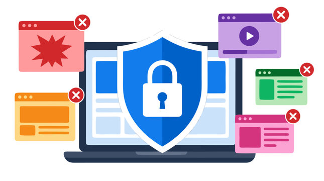 Vector illustration of a blue security shield with a padlock protecting a laptop computer from intrusive pop-up advertisements and browser windows, representing online safety and privacy protection