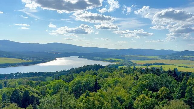 Panoramic View of Lake Lipno, Alpine Meadows and Horni Plana Town from Viewpoint, Czech Republic