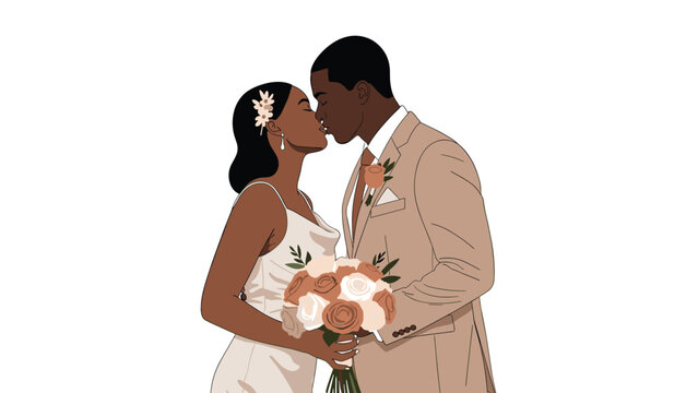 African American bride and groom kissing tenderly on their wedding day while holding a beautiful rose bouquet.