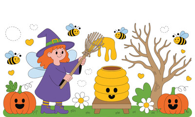 Naklejka premium Halloween Harvest Fairy and Bees: A whimsical illustration of a fairy in a witch's hat, stirring honey with a whisk, surrounded by cheerful bees, pumpkins, and a beehive.
