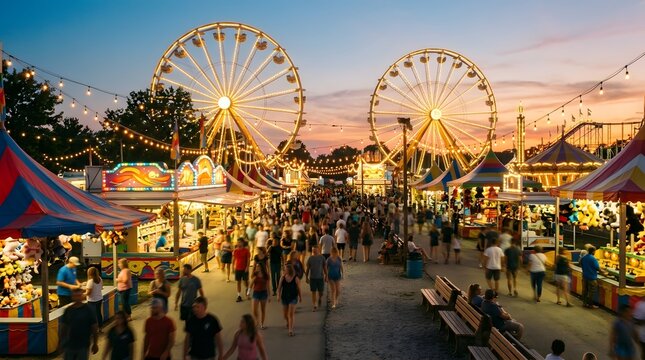 Crowded amusement park midway with two glowing ferris wheels at sunset during a summer county fair