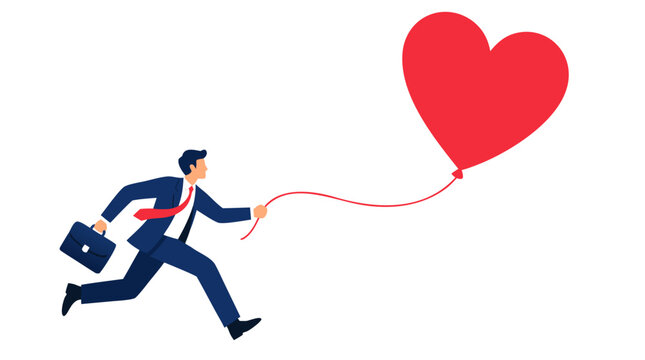 A businessman in a blue suit running and chasing a giant red heart balloon while holding a briefcase, symbolizing the pursuit of love in the corporate world, work-life balance, vector illustration.