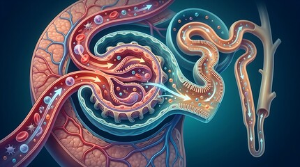 Obraz premium Medical illustration showing the filtration process in a kidney nephron