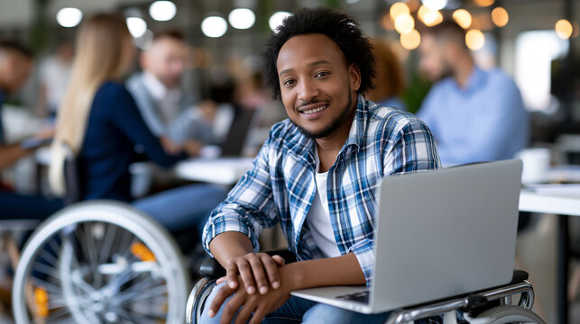 Faceless diverse and inclusive business team with person in wheelchair brainstorming creative ideas together in modern office meeting, accessible teamwork concept, corporate