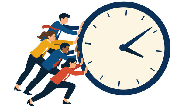 A group of diverse business professionals frantically pushing against a giant analog clock face to hold back time, symbolizing the intense pressure of meeting a strict deadline in a corporate
