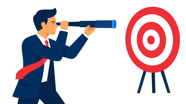 A professional businessman in a blue suit and red tie looking through a telescope at a red target, symbolizing business goals, strategy, vision, and focus for success in a flat vector style on white