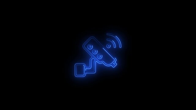 Glowing neon security camera with wireless signal animation on black background, surveillance cctv