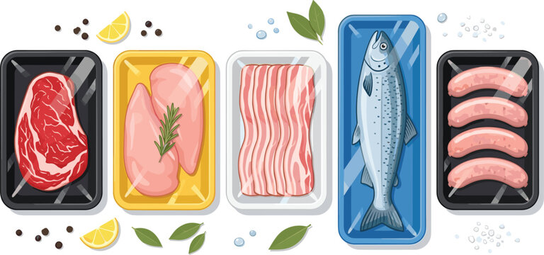 Fresh raw meat fish and poultry products in plastic tray packaging with beef steak chicken breast bacon salmon and sausages vector designs