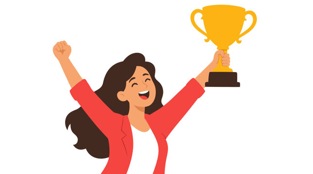 Joyful businesswoman in red blazer holding golden trophy cup high in celebration, fist pump gesture, success achievement victory concept, flat vector illustration on white background, happy winner.