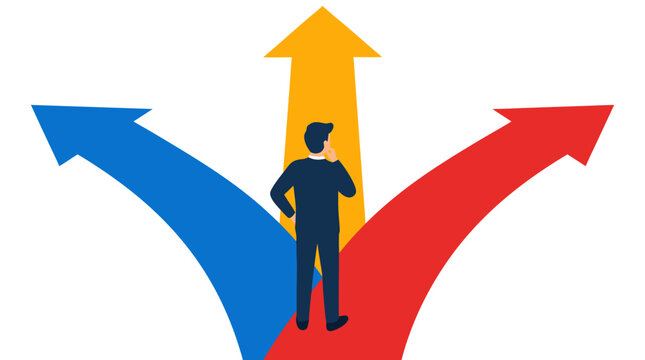 A businessman stands at a crossroads facing three large diverging arrows in blue, yellow, and red, symbolizing difficult business decisions, strategic choices, and future paths in a corporate