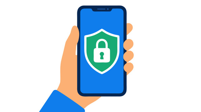Flat vector illustration of a hand holding a smartphone displaying a green shield with a white padlock icon, representing mobile security, data protection, privacy, and digital safety for users