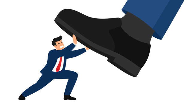 A businessman in a blue suit struggles to push back against a giant black shoe stepping down on him, symbolizing corporate pressure, oppression, and the fight against overwhelming authority in a flat