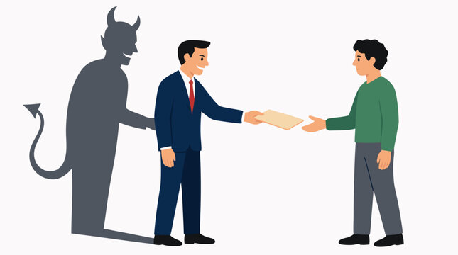 Deceptive business deal concept illustration featuring a smiling businessman in a suit handing a document to a customer, while his shadow on the wall reveals a sinister horned devil silhouette figure.