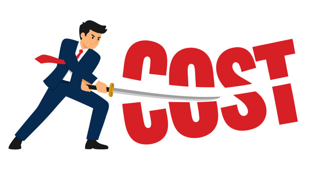 A determined businessman in a blue suit uses a samurai sword to slash and cut through the large red word cost, symbolizing financial savings, expense reduction, budget cuts, and corporate strategy.
