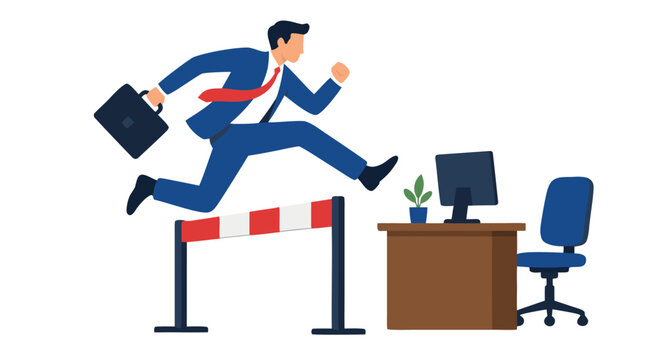 A dynamic vector illustration of a businessman in a blue suit jumping over a hurdle while carrying a briefcase, symbolizing overcoming obstacles and achieving success in the corporate office