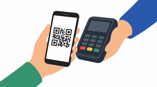 Flat vector illustration of a person making a contactless mobile payment using a smartphone with a QR code displayed on the screen held near a modern handheld card reader terminal for digital