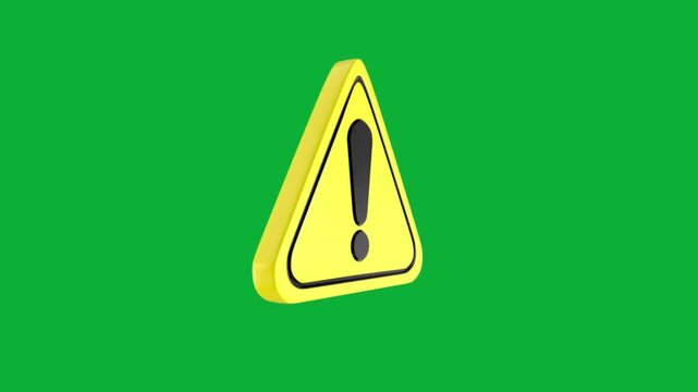 3D rotating yellow triangular warning sign with exclamation mark isolated on a chroma key green screen