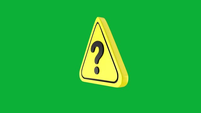 3D rotating yellow triangular warning sign with a question mark isolated on a chroma key green screen