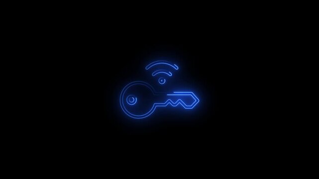 Glowing blue neon smart key with wireless signal animation for digital security and io t technology concepts