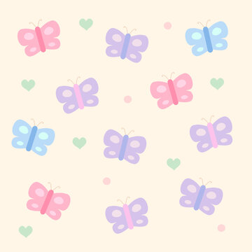 Cute Pastel Butterfly Seamless Pattern with Hearts Vector Background