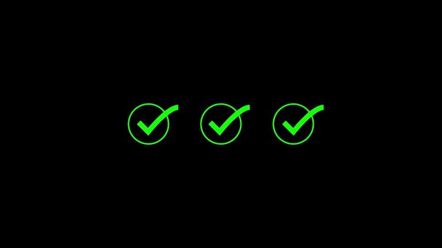 Check mark icon graphics display green check marks in circular frames on black. Task management software packages integrate this check mark icon asset. Digital check mark icon symbols glow.