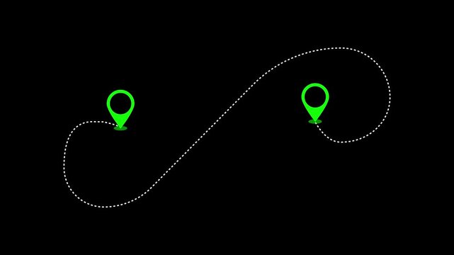 Map marker graphics track green pin icons along dashed white line paths on black. Logistics navigation presentation packages integrate this map marker asset. Digital map marker icons glow.