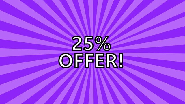Sale discount graphics display twenty five percent offer text on purple sunbursts. Retail marketing promotional packages leverage this sale discount asset. Sale discount banners glow.