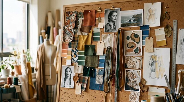 Fashion Designer's Artistic Cork Inspiration Board Displaying Colorful Fabric Swatches, Color Palette Chips, Ribbon Samples, Fashion Sketches, and Reference Photography&mdash;Creative Studio Workspace