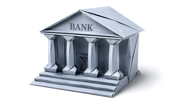 3D Origami Paper Bank Building with Folded Columns Banking Institution Concept Isolated on White Background