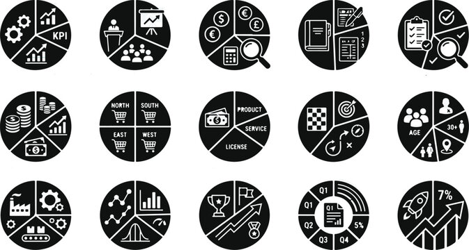 Comprehensive business management and data analysis circle icone set featuring various professional strategy and performance icons