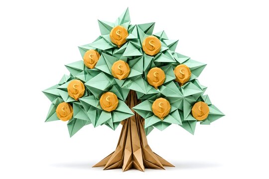 3D Origami Paper Savings Tree with Folded Coin Fruit Wealth Growth Concept Isolated on White Background
