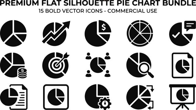 Comprehensive collection of business pie chart graphics featuring a professional black silhouette style icone set for data analysis