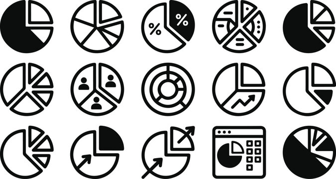 Professional black and white pie chart icone set for business data analysis and financial reporting graphics