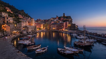 Fototapeta premium Picturesque Mediterranean Coastal Village at Dusk with Colorful Hillside Homes, Charming Harbor Filled with Fishing Boats, Warm Lights Reflecting on Calm Sea and Vibrant Sunset Sky Creating a Peaceful