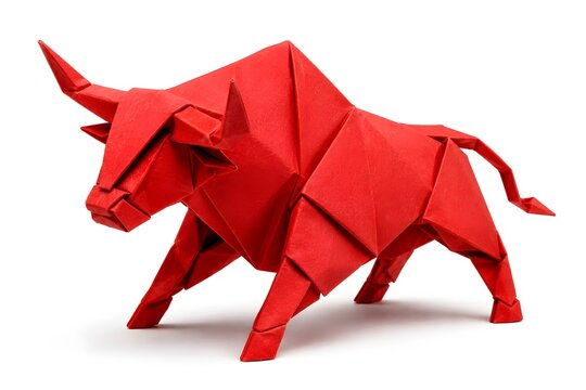 Handcrafted Red Origami Bull Figure Symbolizing Bullish Market Isolated on White Background
