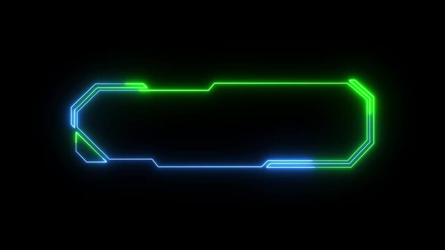 Neon frame elements project blue and green geometric shapes with glowing edges. Motion graphics production packages incorporate this neon frame asset. Digital neon frame borders glow.