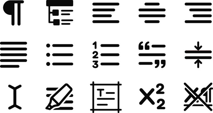 A comprehensive black and white text formatting icone set for word processing and document editing software interface design