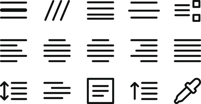Professional text alignment and formatting tools icone set for graphic design and word processing software interfaces