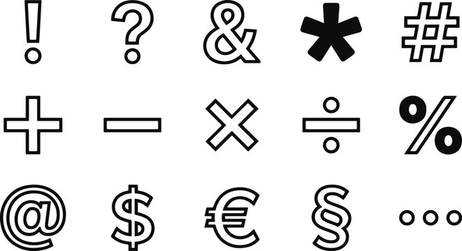 Comprehensive collection of mathematical and punctuation symbols presented as a professional black and white icone set