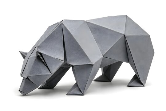 Handcrafted Grey Origami Bear Figure Symbolizing Bearish Market Isolated on White Background