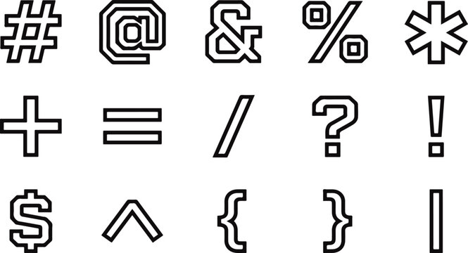 A comprehensive icone set featuring various typographic symbols and mathematical punctuation marks in a clean outline style