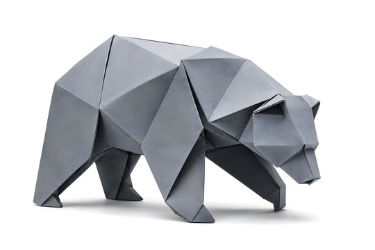 Handcrafted Grey Origami Bear Figure Symbolizing Bearish Market Isolated on White Background